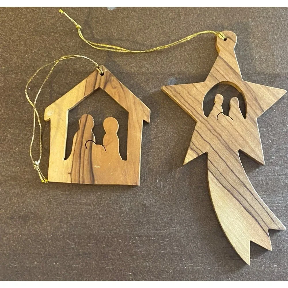 Set of 2 Olive Wood Shooting Star Bethlehem Nativity Scene Christmas Ornament
